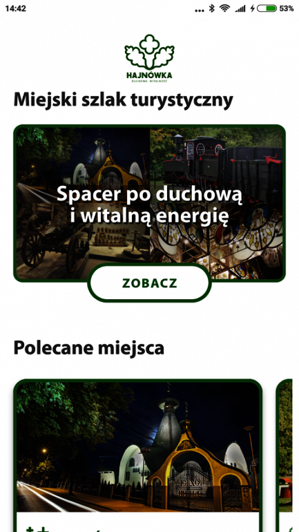 zrzut ekranu aplikacji, gmach soboru Św. Trójcy, Parowóz kolejki leśnej, napis Spacer do duchową i witalną energię